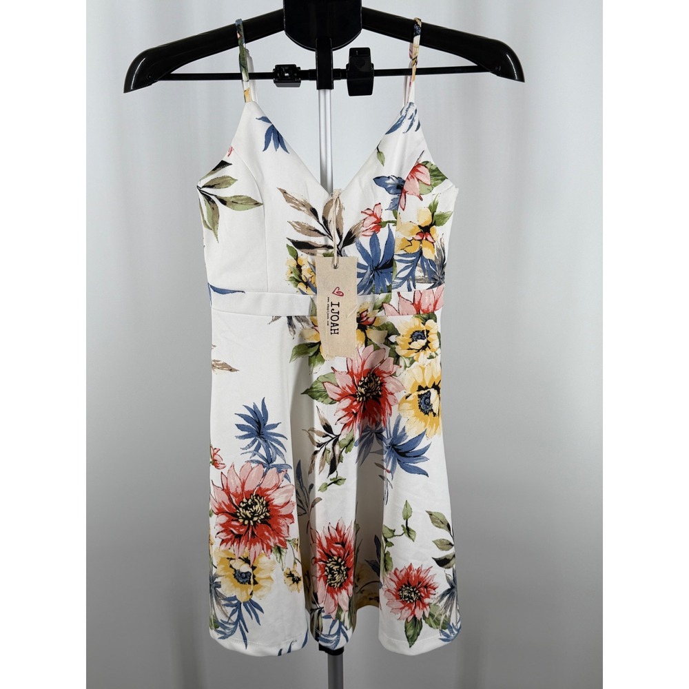 IJOAH Women Floral V-Neck Mini Dress White Multi Color Adjustable Straps Small